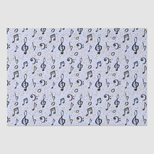 Watercolor Blue Musical Music Notes Gold Glitter Tissue Paper (Front)