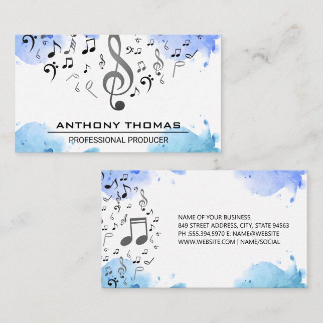 Watercolor Blue | Musical Notes Business Card (Front/Back)