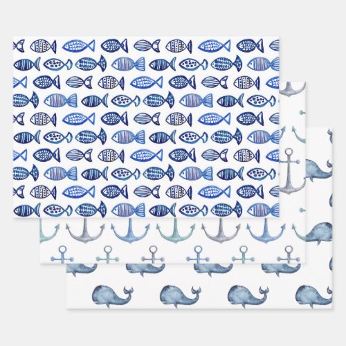 Watercolor blue nautical pattern Fish whale Wrapping Paper Sheets