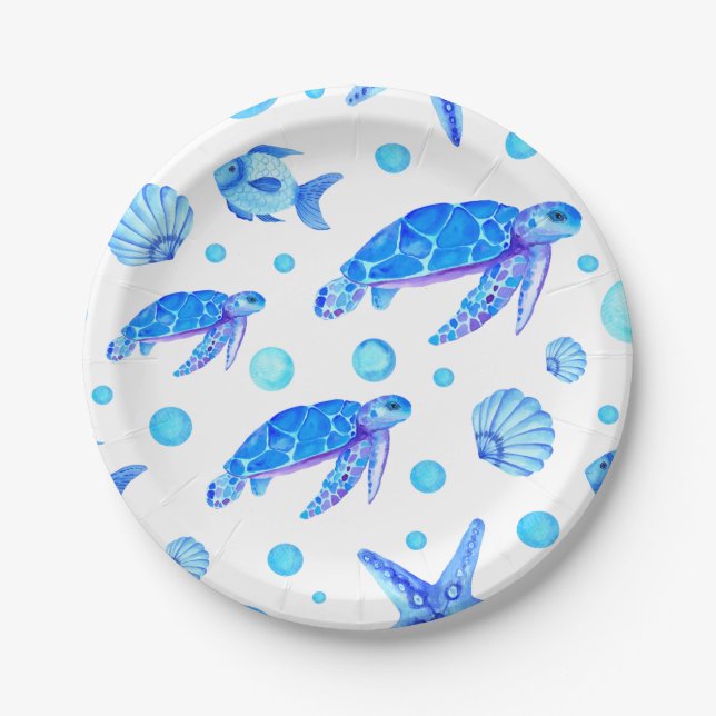 Watercolor Blue Nautical Pattern Turtle Fish Party Paper Plates (Front)