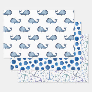 Watercolor blue nautical pattern. Whale, polka dot Wrapping Paper Sheets