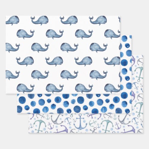 Watercolor blue nautical pattern Whale polka dot Wrapping Paper Sheets