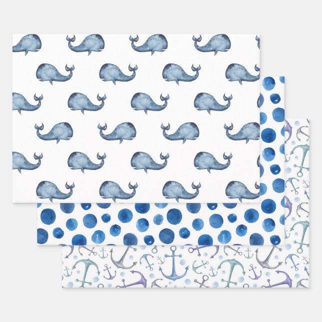 Watercolor blue nautical pattern. Whale, polka dot Wrapping Paper Sheets (Set)