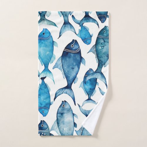 Watercolor blue navy fish pattern Nautical animal Hand Towel