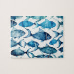 Watercolor blue navy fish pattern. Nautical animal Jigsaw Puzzle<br><div class="desc">Watercolor blue navy ocean fish pattern. Nautical animal ornament puzzle.</div>
