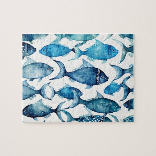 Watercolor blue navy fish pattern Nautical animal Jigsaw Puzzle