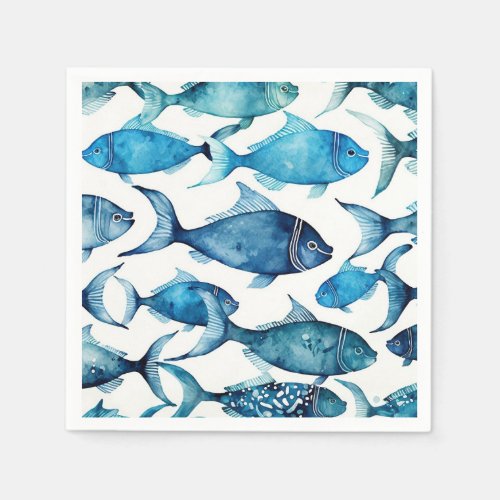 Watercolor blue navy fish pattern Nautical animal Napkins