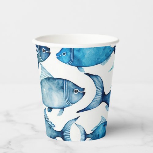 Watercolor blue navy fish pattern Nautical animal Paper Cups