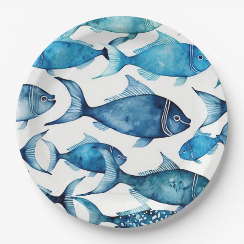 Watercolor blue navy fish pattern Nautical animal Paper Plates