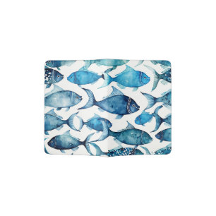 Watercolor blue navy fish pattern. Nautical animal Passport Holder