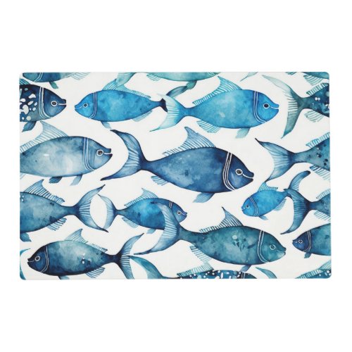Watercolor blue navy fish pattern Nautical animal Placemat