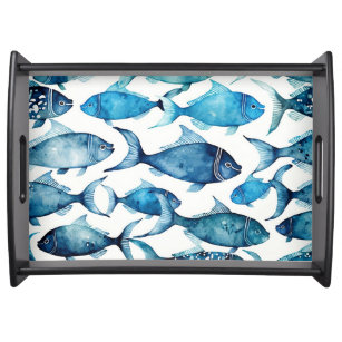 Watercolor blue navy fish pattern. Nautical animal Serving Tray