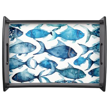 Watercolor Blue Navy Fish Pattern. Nautical Animal Serving Tray by RemioniArt at Zazzle