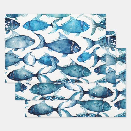 Watercolor blue navy fish pattern Nautical animal Wrapping Paper Sheets