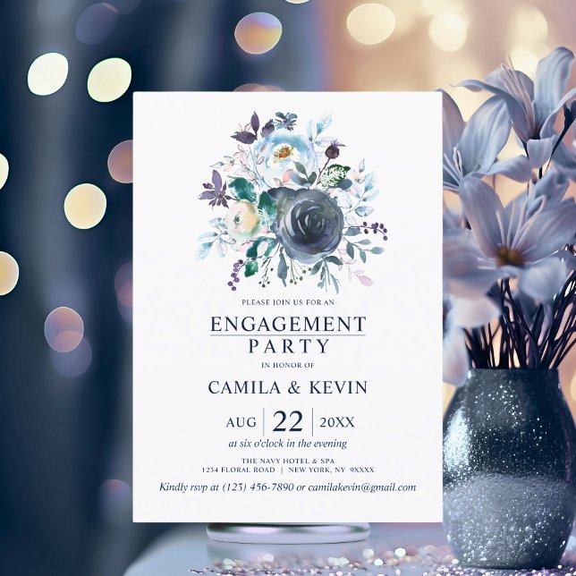 Watercolor Blue Navy Floral Engagement Party Invitation (Watercolor Blue Navy Floral Engagement Party Invitation)