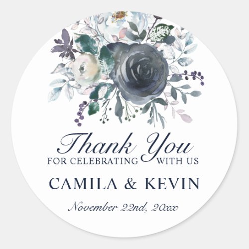 Watercolor Blue Navy Floral Wedding Thank You Classic Round Sticker