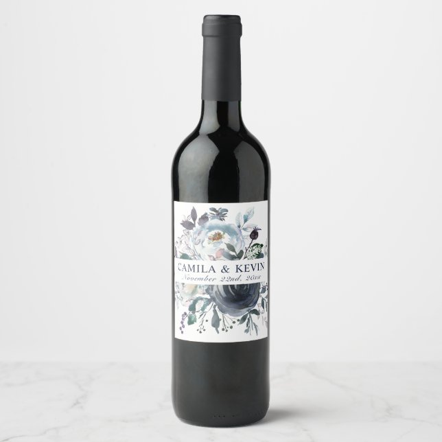 Watercolor Blue Navy Floral Wedding Wedding Wine Label (Front)