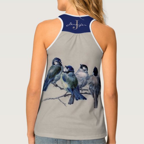 Watercolor Blue navy Gray Birds Monogram Name Tank Top