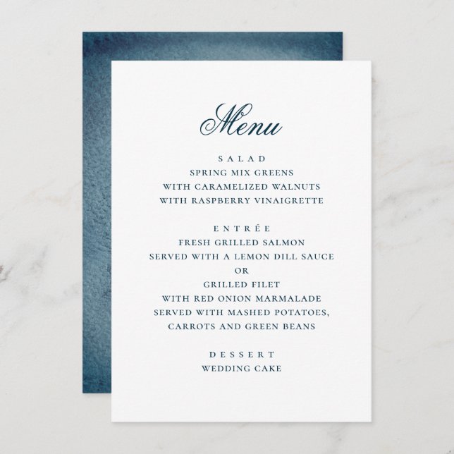 Watercolor blue navy simple nautical wedding menu (Front/Back)