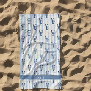 Watercolor Blue New England Lobster Stripe Beach Towel
