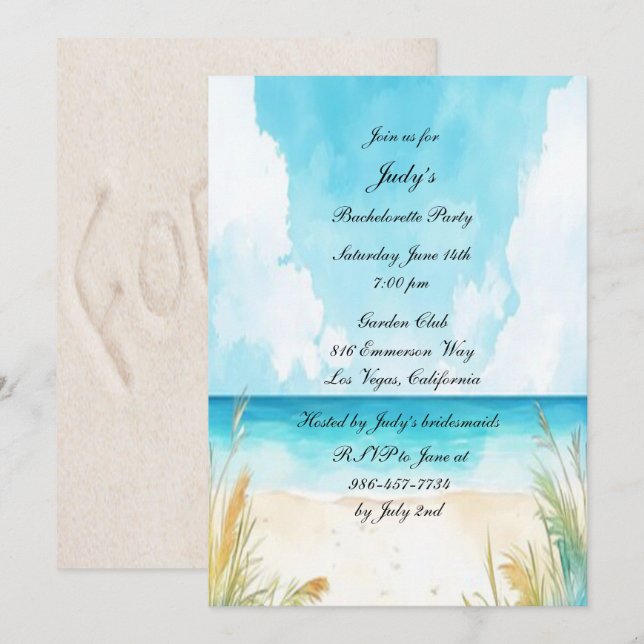 Watercolor Blue Ocean Beach Bachelorette Party Invitation (Front/Back)