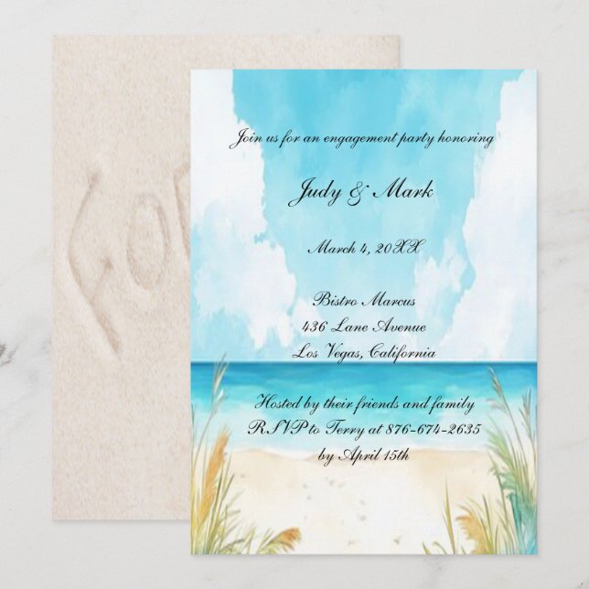 Watercolor Blue Ocean Beach Engagement Party Invitation (Front/Back)