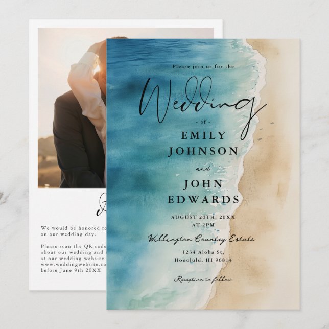 Watercolor Blue Ocean Beach Photo QR Code Wedding Invitation (Front/Back)