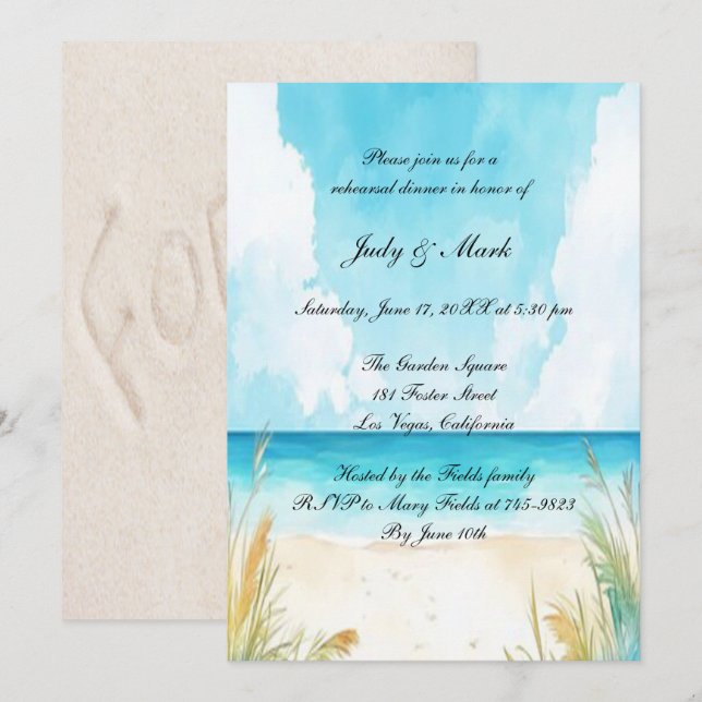 Watercolor Blue Ocean Beach Rehearsal Dinner Invitation (Front/Back)