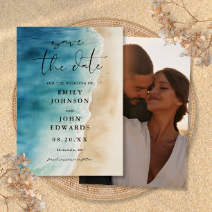 Watercolor Blue Ocean Beach Sand Photo Wedding Save The Date