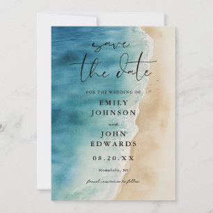 Watercolor Blue Ocean Beach Sand Wedding Save The Date
