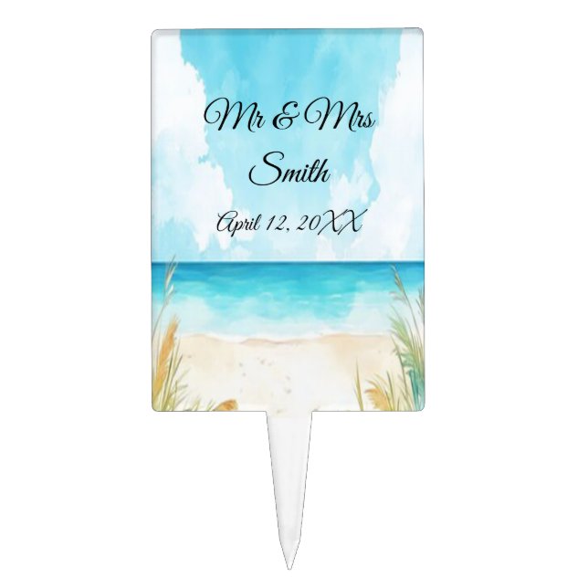 Watercolor Blue Ocean Beach Wedding Cake Topper (Front)