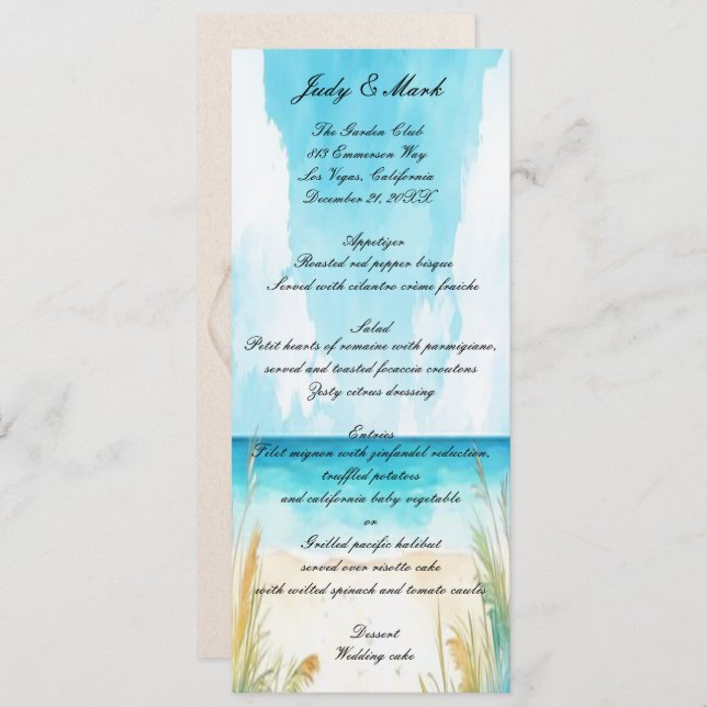 Watercolor Blue Ocean Beach Wedding Menu (Front/Back)
