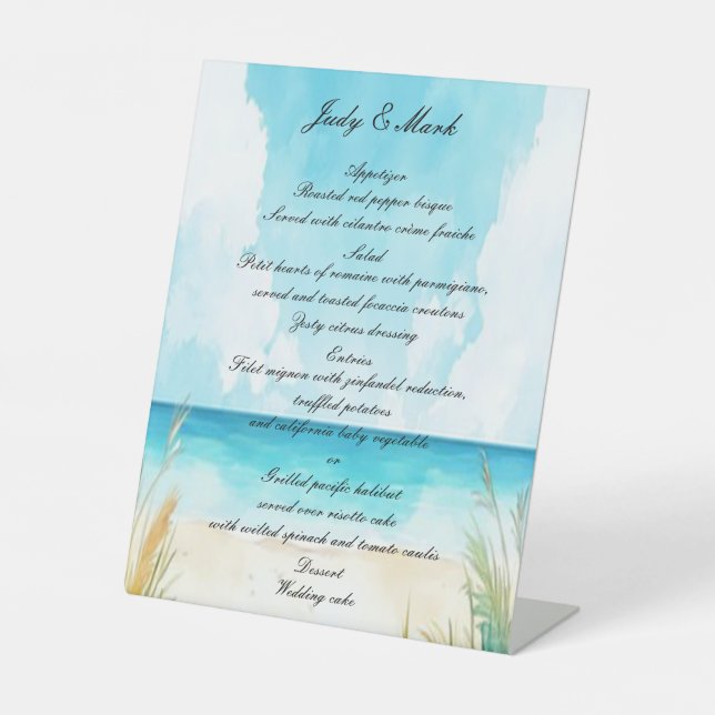 Watercolor Blue Ocean Beach Wedding Menu Pedestal Sign (Front)