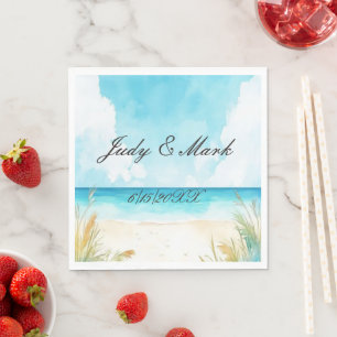 Watercolor Blue Ocean Beach Wedding Napkins