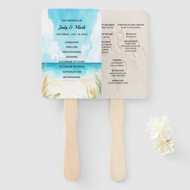 Watercolor Blue Ocean Beach Wedding Program Fans (Front and Back)