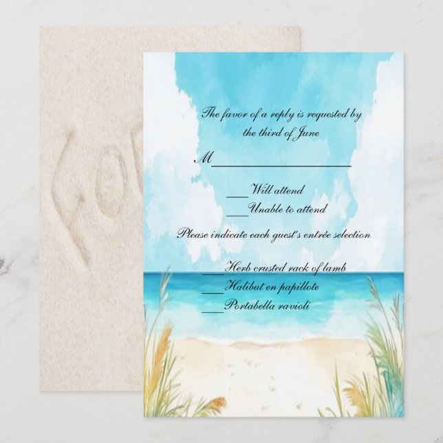 Watercolor Blue Ocean Beach Wedding RSVP Invitation (Front/Back)