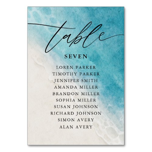 Watercolor Blue Ocean Beach Wedding Table Number