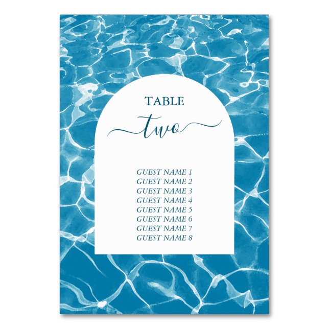 Watercolor Blue Ocean Beach Wedding Table Number (Front)