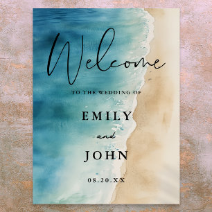 Watercolor Blue Ocean Beach Wedding Welcome Sign