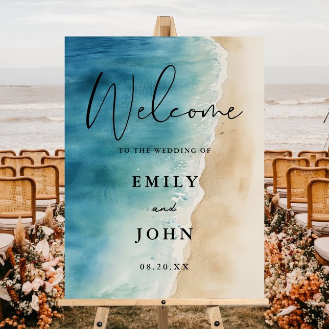 Watercolor Blue Ocean Beach Wedding Welcome Sign (Watercolor Blue Ocean Beach Wedding Welcome Sign)