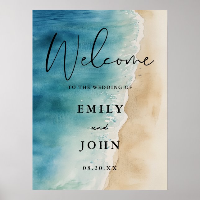 Watercolor Blue Ocean Beach Wedding Welcome Sign (Front)