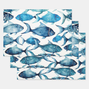 Watercolor Blue Ocean Fish   Nautical Kids Pattern Wrapping Paper Sheets