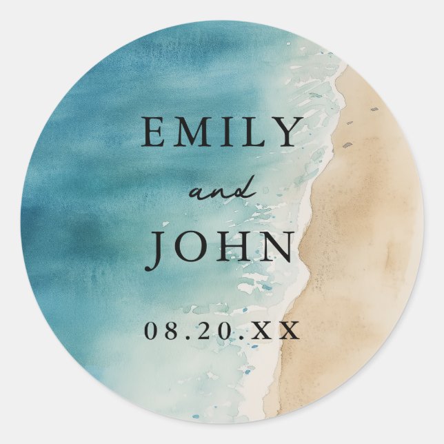 Watercolor Blue Ocean Sand Beach Wedding  Classic Round Sticker (Front)