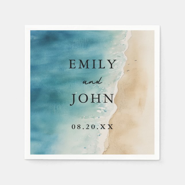 Watercolor Blue Ocean Sand Beach Wedding  Napkins (Front)