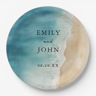 Watercolor Blue Ocean Sand Beach Wedding Paper Plates