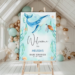 Watercolor Blue Ocean Sea Baby Shower Welcome Poster