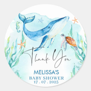 Watercolor Blue Ocean Under The Sea Baby Shower Classic Round Sticker
