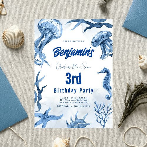 Watercolor Blue Ocean Undersea Animals Birthday Invitation