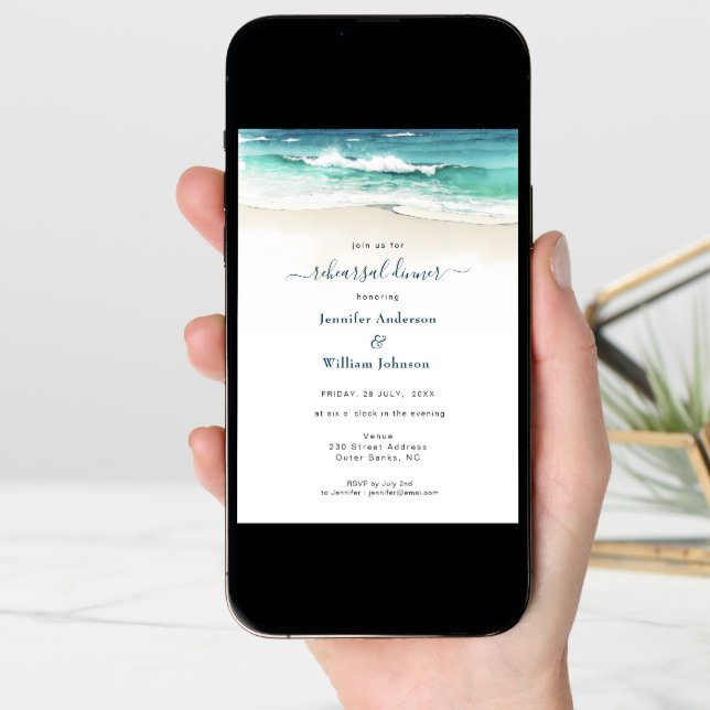 Watercolor Blue ocean Wedding Rehearsal Dinner  Announcement (Front Digital)