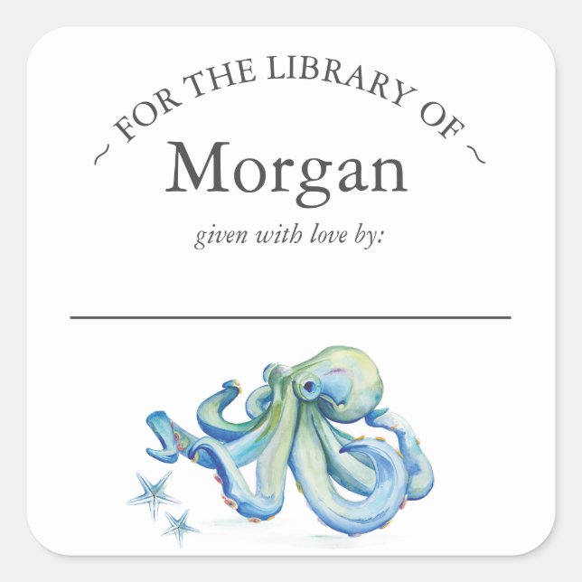 Watercolor Blue Octopus Bookplate (Front)